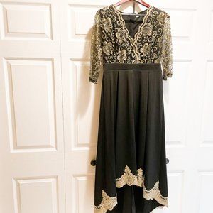 Formal dress black and gold mid-sleeves formal size Med tailored hem